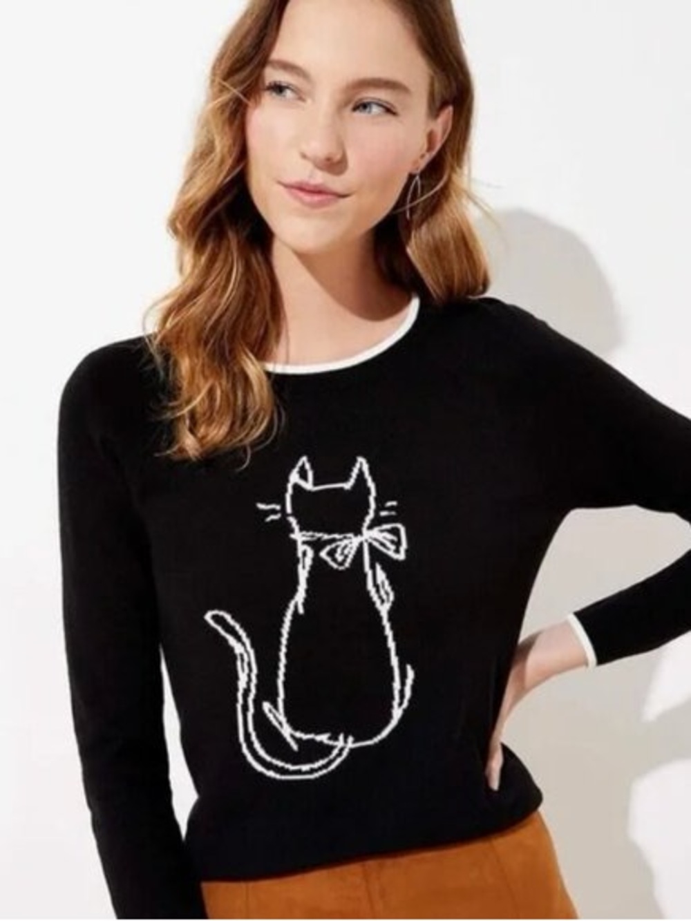 Ann Taylor LOFT NWOT Cat with Bow Sweater Black and White women’s size medium